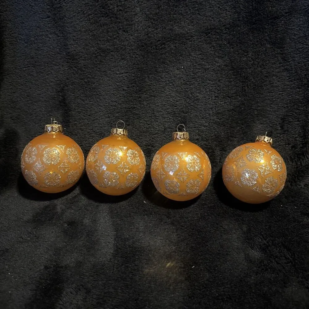 4 Vintage 50s Shiny Brite Gold Glitter Designs Christmas Ornaments
